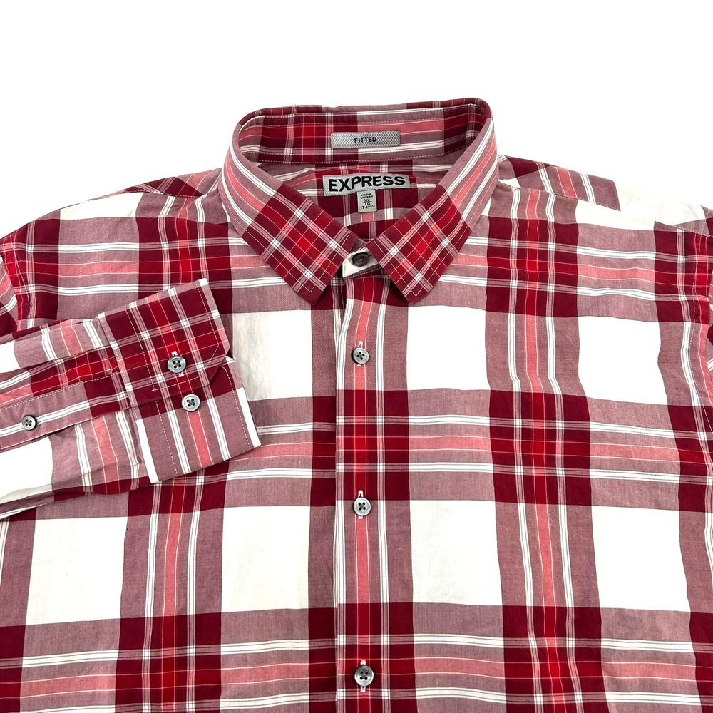 Express Mens XL Fitted Button Down Shirt Cranberry Red White Plaid Long Sleeve